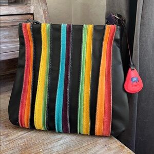 🌈 Mywalit Laguna Shoulder Bag Black Leather Colorful Stripes Suede